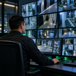 Operador de CCTV supervisando cámaras de seguridad